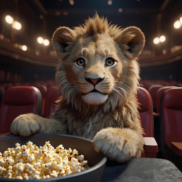 cute lion in cinema and popcorn