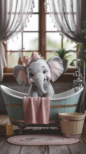 Photo cute litte elephant in a bathtub