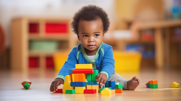 Cute little African American child learning Playing with wooden blocks in the house