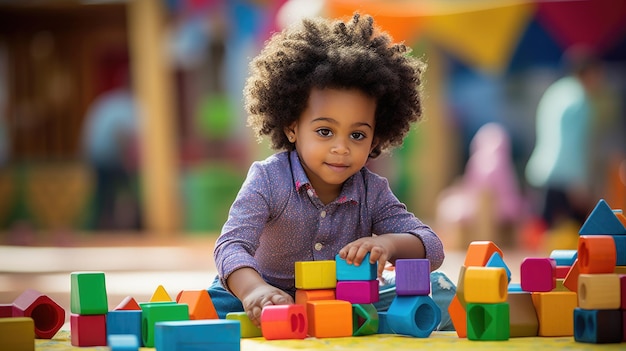 Cute little African American child learning Playing with wooden blocks in the house