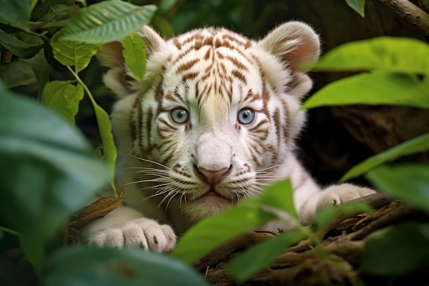 Cute little albino tiger cub with white fur outdoors Portrait of a rare exotic animal predator in the jungle