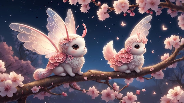 cute little angels are sitting on a branch with flowers