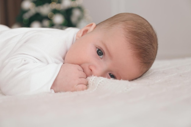 Cute little baby on blanket in room with Christmas tree