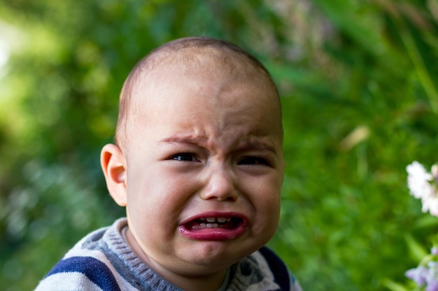 Cute little baby boy outdoors. Crying unhappy baby at the green garden.