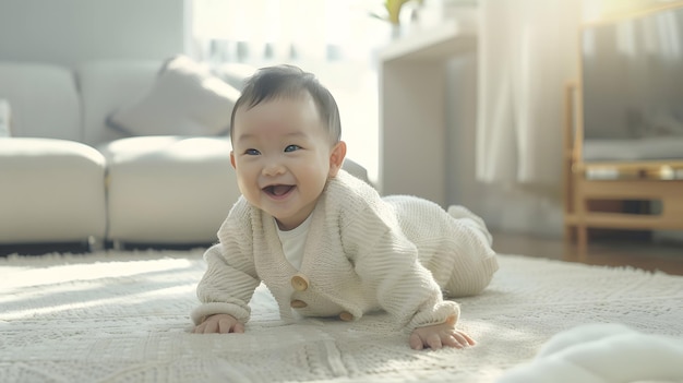 cute little baby boy in a pastel wool knitted suit learning to crawl on the floor in Generative AI