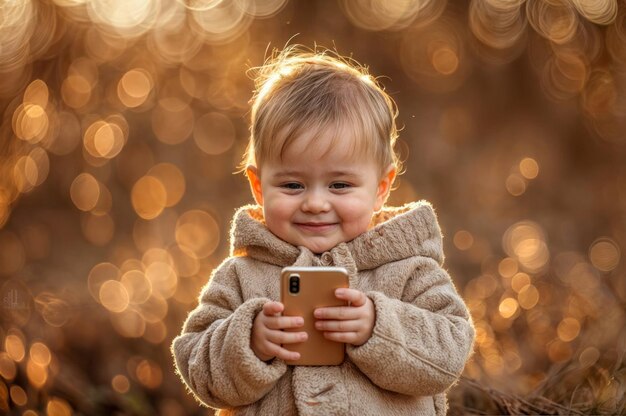 Photo cute little baby boy playing with mobile phone in the autumn park