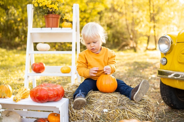 Cute little baby boy playing with pumpkin in autumn park background with golden trees