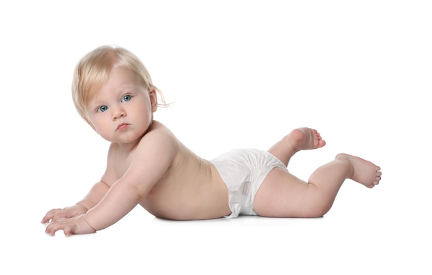 Cute little baby in diaper on white background