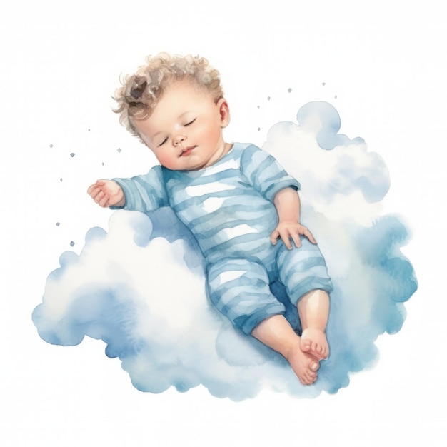 Cute little baby girl in blue pajamas Watercolor illustration