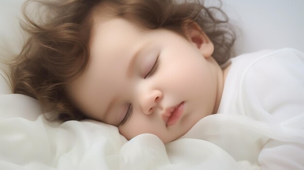 Cute little baby girl sleeping on white bedding soft focus