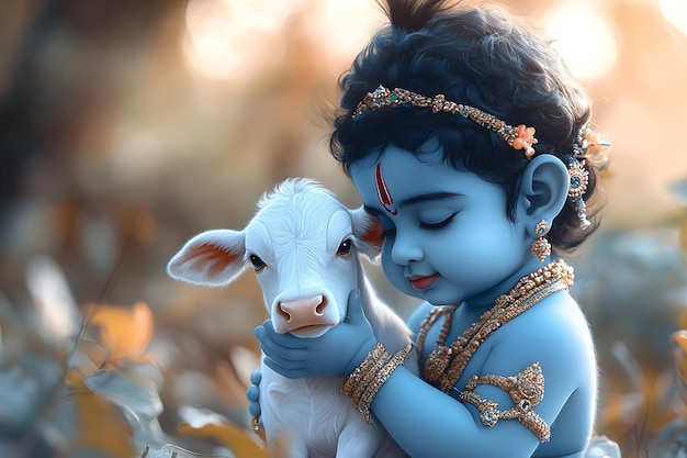 Cute little baby Krishna with sacred cow Hindu god Lord Krishna with calf Krishna Janmashtami