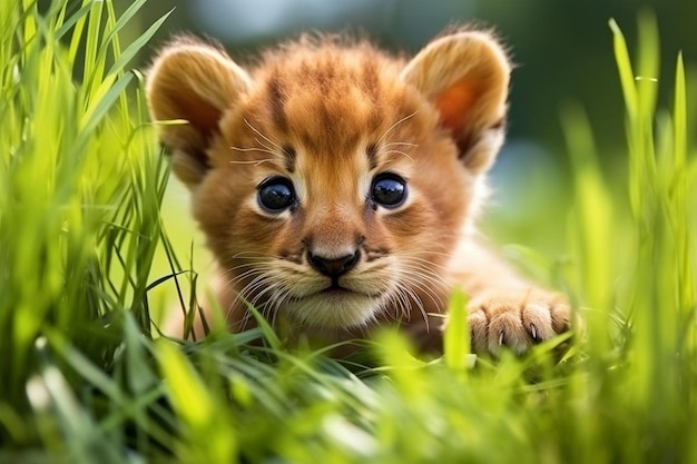 Photo cute little baby lion playing among the grass in the middle of a field