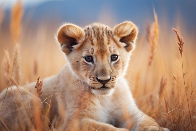 Cute little baby lion playing among the grass in the middle of a field