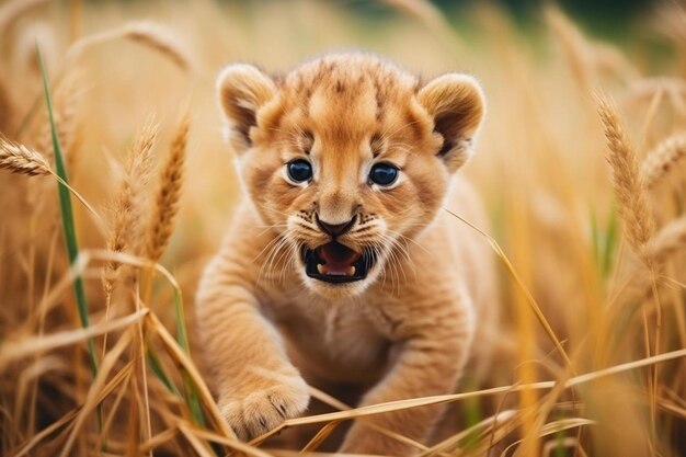 Cute little baby lion playing among the grass in the middle of a field