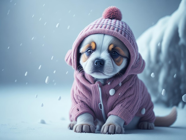 A cute little baby puppy in warm winter clothes ai generative