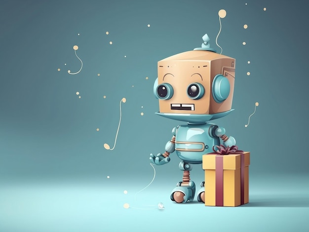 Cute little baby robot with a birthday or christmas gift ai generated