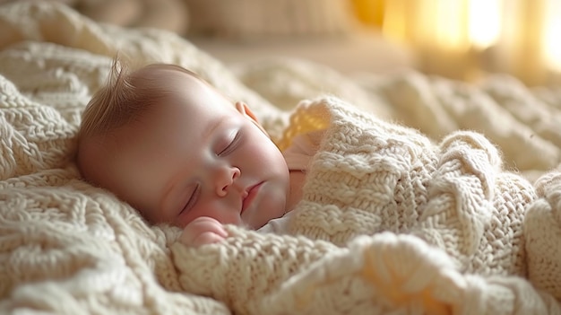 Cute little baby sleeping on soft blanket at home closeup