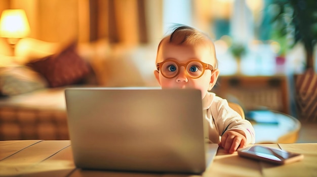 Cute little baby using laptop kids and technology looking at screen toddler background template