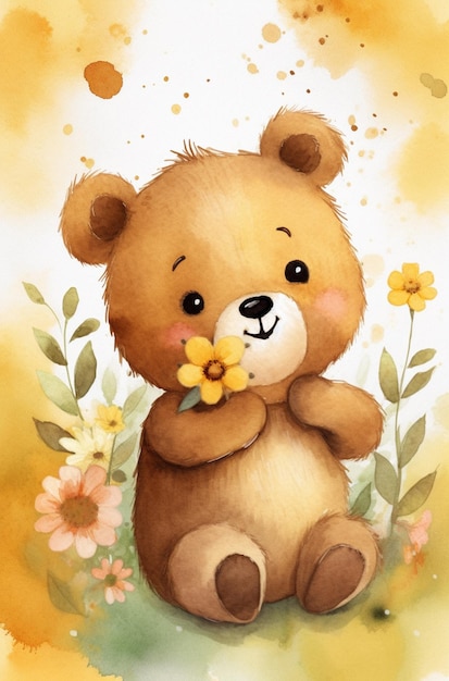 A cute little bear with a flower in his mouth