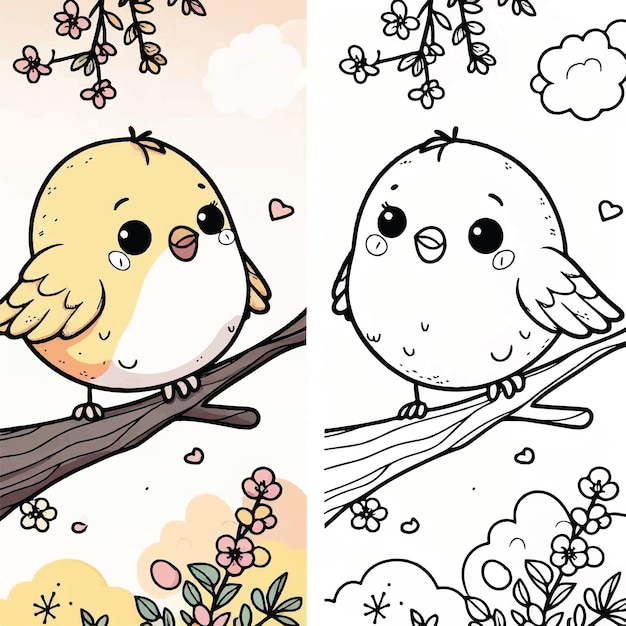 Photo cute little bird on the branch of tree with cute decoration for coloring