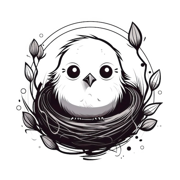 Cute little bird in nest design for tshirt black outlines white background