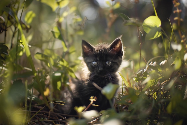 Cute little black kitten in the grass Shallow depth of field