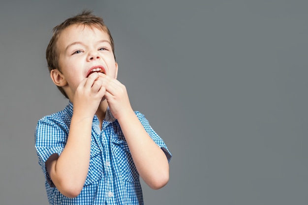 Cute little boy in a blue shirt eating tangerine on a gray background