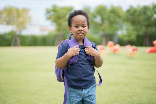 Cute little boy carrying a school bag with a smiling face