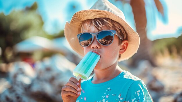 Cute little boy eating ice cream at beach Summer vacation concept