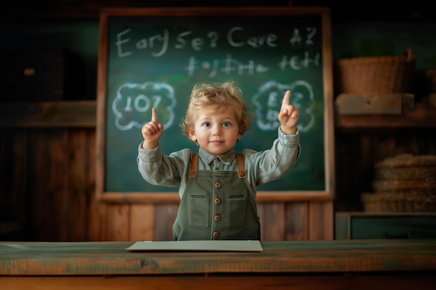 A cute little boy in front of a blackboard holding up his fingers