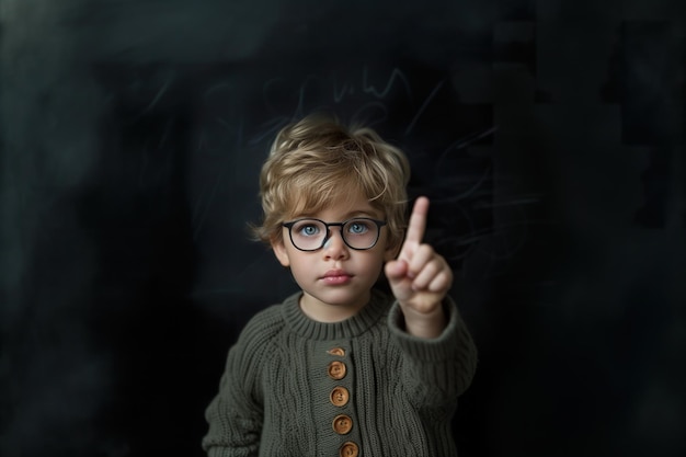 A cute little boy in front of a blackboard holding up his fingers