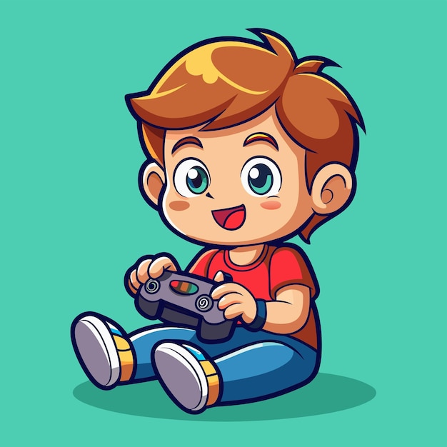 Cute Little Boy Gamer Playing Game With Joystick Cartoon Icon Vector Illustration