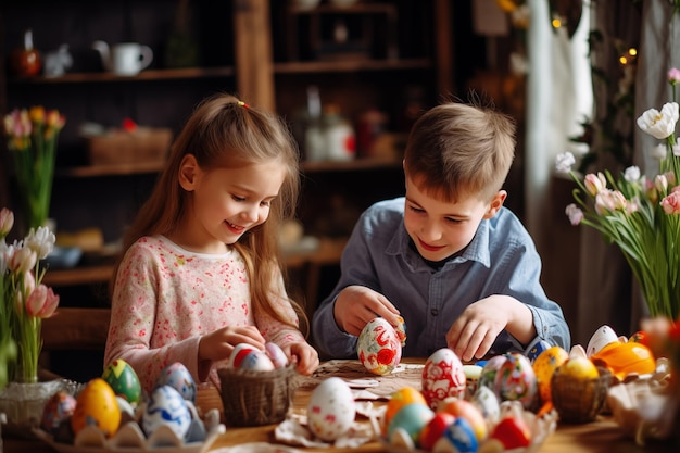 Cute little boy and girl painting eggs for Easter Happy family preparing for Easter