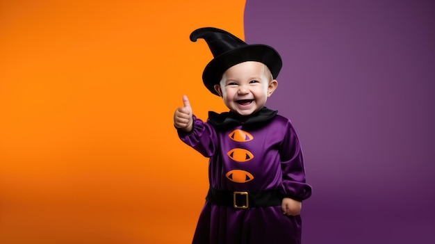 cute little boy in halloween costume showing thumbs up on orange and purple background