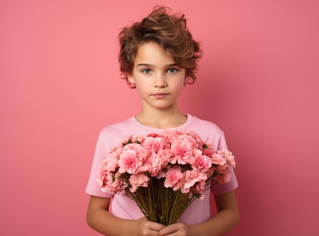 A cute little boy happy and smiling holding a large bouquet of tulip flowers with copy space