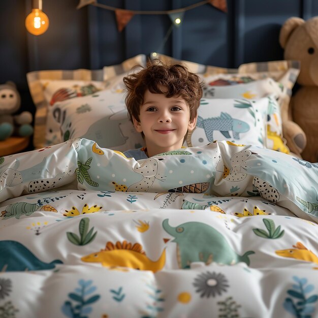 Cute little boy having fun in bed at home Happy childhood concept