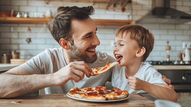 a cute little boy and his father sharing a joyful pizza meal in the kitchen bathed in natural light their faces beaming with happiness and smiles