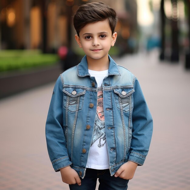 Cute little boy in jeans jacket on city street Fashion concept