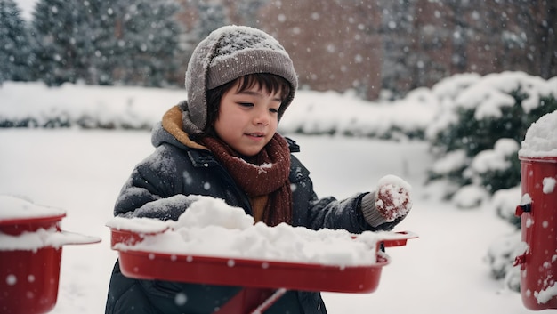 Cute little boy playing with snow in winter park Winter activities for children