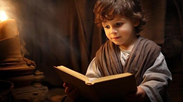 Cute little boy reading the holy book