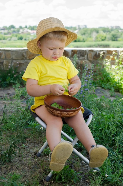 Cute little boy sits outside in the summer and eats fresh vegetables Harvested summer food garden