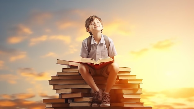 Cute little boy sitting on a pile of books and reading a book