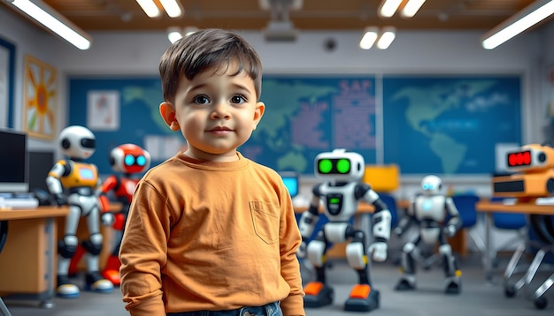 Photo cute little boy standing in front of kids programming electric toys and robots at robotics