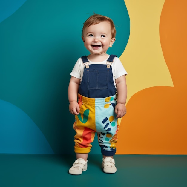 Cute Little Boy in Stylish Outfit Vibrant Background Full Body Shot