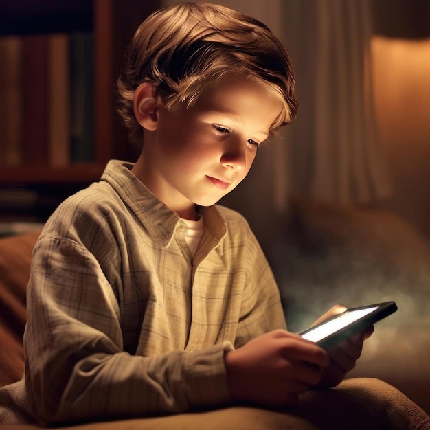 Cute little boy using tablet computer at home technology concept