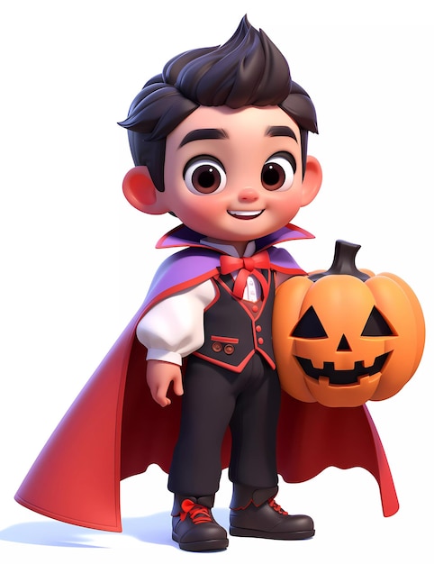 cute little boy wearing funny dracula costume with halloween pumpkin