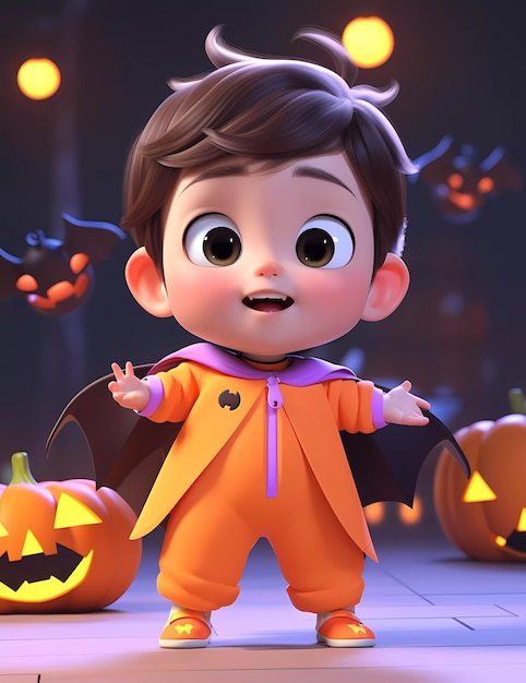 cute little boy wearing funny dracula costume with halloween pumpkin