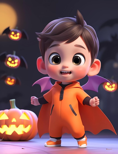 cute little boy wearing funny dracula costume with halloween pumpkin