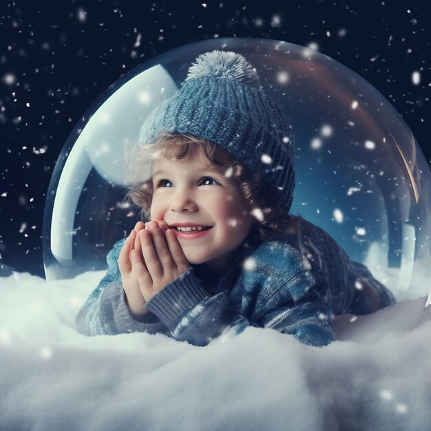 A cute little boy in a winter hat and scarf is sitting in a transparent balloon in the snow