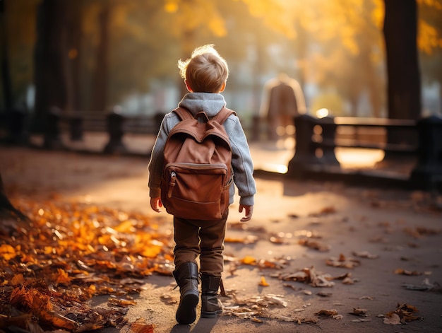 Cute little boy with backpack walking in autumn park back view Generative AI